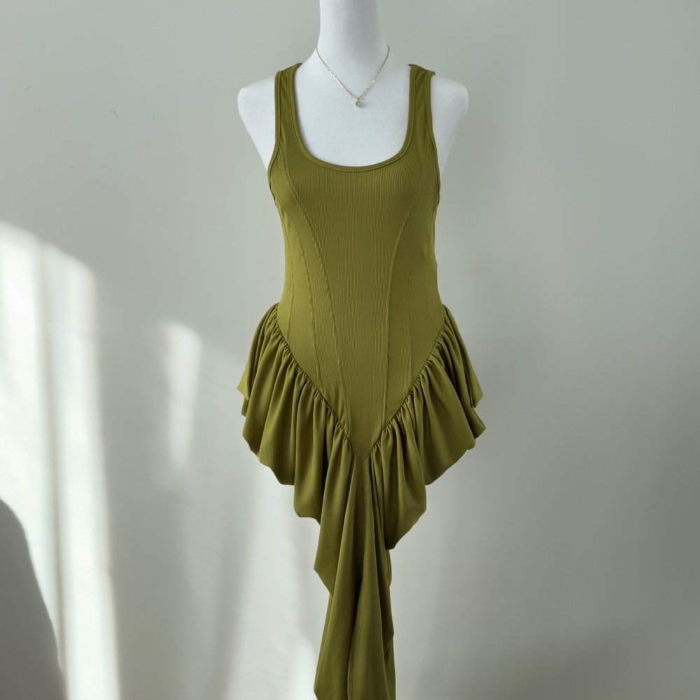 Micas Olive Green Ruched Corset Sleeveless Dress